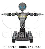 Robot Containing Grey Alien Style Head And Blue Grate Eyes And Light Chest Exoshielding And Yellow Chest Lights And Six-Wheeler Base Patent Concrete Gray Metal T-Pose