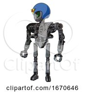 Poster, Art Print Of Robot Containing Grey Alien Style Head And Led Array Eyes And Triangle Design And Blue Helmet And Heavy Upper Chest And No Chest Plating And Ultralight Foot Exosuit Patent Concrete Gray Metal