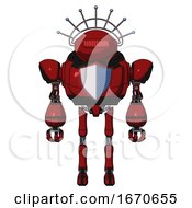 Poster, Art Print Of Robot Containing Oval Wide Head And Red Horizontal Visor And Techno Halo Ornament And Heavy Upper Chest And Blue Shield Defense Design And Ultralight Foot Exosuit Dark Red Front View