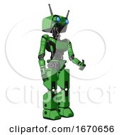 Poster, Art Print Of Droid Containing Dual Retro Camera Head And Cyborg Antenna Head And Light Chest Exoshielding And Ultralight Chest Exosuit And Prototype Exoplate Legs Secondary Green Halftone Facing Left View