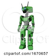 Poster, Art Print Of Droid Containing Dual Retro Camera Head And Cyborg Antenna Head And Light Chest Exoshielding And Ultralight Chest Exosuit And Prototype Exoplate Legs Secondary Green Halftone