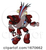 Robot Containing Bird Skull Head And Big Yellow Eyes And Head Shield Design And Heavy Upper Chest And Heavy Mech Chest And Blue Energy Fission Element Chest And Light Leg Exoshielding Matted Red