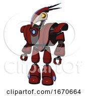 Robot Containing Bird Skull Head And Big Yellow Eyes And Head Shield Design And Heavy Upper Chest And Heavy Mech Chest And Blue Energy Fission Element Chest And Light Leg Exoshielding Matted Red