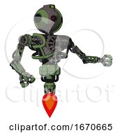 Poster, Art Print Of Cyborg Containing Oval Wide Head And Small Red Led Eyes And Green Led Ornament And Heavy Upper Chest And No Chest Plating And Jet Propulsion Grass Green Interacting