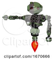 Poster, Art Print Of Cyborg Containing Oval Wide Head And Small Red Led Eyes And Green Led Ornament And Heavy Upper Chest And No Chest Plating And Jet Propulsion Grass Green Arm Out Holding Invisible Object