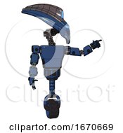 Poster, Art Print Of Robot Containing Flat Elongated Skull Head And Visor And Light Chest Exoshielding And Prototype Exoplate Chest And Unicycle Wheel Dark Blue Halftone Pointing Left Or Pushing A Button