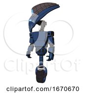 Poster, Art Print Of Robot Containing Flat Elongated Skull Head And Visor And Light Chest Exoshielding And Prototype Exoplate Chest And Unicycle Wheel Dark Blue Halftone Standing Looking Right Restful Pose