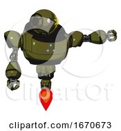 Poster, Art Print Of Mech Containing Oval Wide Head And Sunshine Patch Eye And Heavy Upper Chest And Triangle Of Blue Leds And Jet Propulsion Army Green Halftone Pointing Left Or Pushing A Button