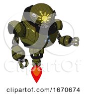 Poster, Art Print Of Mech Containing Oval Wide Head And Sunshine Patch Eye And Heavy Upper Chest And Triangle Of Blue Leds And Jet Propulsion Army Green Halftone Fight Or Defense Pose