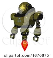 Poster, Art Print Of Mech Containing Oval Wide Head And Sunshine Patch Eye And Heavy Upper Chest And Triangle Of Blue Leds And Jet Propulsion Army Green Halftone Standing Looking Right Restful Pose