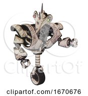 Poster, Art Print Of Bot Containing Bird Skull Head And Yellow And Green Scope Eyes And Heavy Upper Chest And Heavy Mech Chest And Unicycle Wheel Halftone Sketch Fight Or Defense Pose