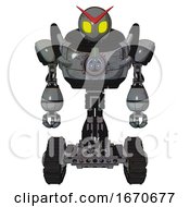 Poster, Art Print Of Android Containing Grey Alien Style Head And Yellow Eyes And Heavy Upper Chest And Chest Energy Gun And Tank Tracks Patent Concrete Gray Metal Front View