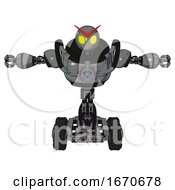 Poster, Art Print Of Android Containing Grey Alien Style Head And Yellow Eyes And Heavy Upper Chest And Chest Energy Gun And Tank Tracks Patent Concrete Gray Metal T-Pose