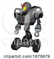 Poster, Art Print Of Android Containing Grey Alien Style Head And Yellow Eyes And Heavy Upper Chest And Chest Energy Gun And Tank Tracks Patent Concrete Gray Metal Standing Looking Right Restful Pose