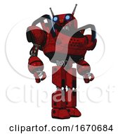 Poster, Art Print Of Automaton Containing Dual Retro Camera Head And Cyborg Antenna Head And Heavy Upper Chest And Blue Strip Lights And Prototype Exoplate Legs Red Blood Grunge Material Hero Pose