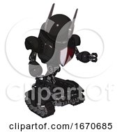 Poster, Art Print Of Cyborg Containing Round Head And Head Winglets And Heavy Upper Chest And Red Shield Defense Design And Tank Tracks Clean Black Fight Or Defense Pose