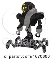 Poster, Art Print Of Droid Containing Round Head And Yellow Eyes Array And Heavy Upper Chest And Insect Walker Legs Dirty Black Standing Looking Right Restful Pose