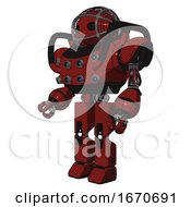 Poster, Art Print Of Mech Containing Oval Wide Head And Barbed Wire Cage Helmet And Heavy Upper Chest And Chest Energy Sockets And Prototype Exoplate Legs Matted Red Facing Right View