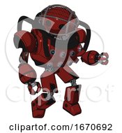 Mech Containing Oval Wide Head And Barbed Wire Cage Helmet And Heavy Upper Chest And Chest Energy Sockets And Prototype Exoplate Legs Matted Red Fight Or Defense Pose