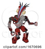 Automaton Containing Bird Skull Head And Brass Steampunk Eyes And Head Shield Design And Heavy Upper Chest And No Chest Plating And Prototype Exoplate Legs Cherry Tomato Red Fight Or Defense Pose