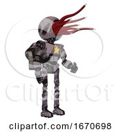 Poster, Art Print Of Droid Containing Jellyfish Style Head Red Fiber Optic Tentacles And Light Chest Exoshielding And Yellow Star And Rocket Pack And Ultralight Foot Exosuit Sketch Pad Wet Ink Smudge Facing Left View