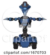 Poster, Art Print Of Bot Containing Flat Elongated Skull Head And Visor And Light Chest Exoshielding And Cable Sash And Rocket Pack And Tank Tracks Blue Halftone T-Pose