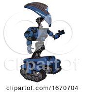 Poster, Art Print Of Bot Containing Flat Elongated Skull Head And Visor And Light Chest Exoshielding And Cable Sash And Rocket Pack And Tank Tracks Blue Halftone Interacting