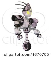 Poster, Art Print Of Automaton Containing Grey Alien Style Head And Yellow Eyes And Eyeball Creature Crown And Heavy Upper Chest And Heavy Mech Chest And Unicycle Wheel Sketch Pad Facing Left View