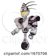 Poster, Art Print Of Automaton Containing Grey Alien Style Head And Yellow Eyes And Eyeball Creature Crown And Heavy Upper Chest And Heavy Mech Chest And Unicycle Wheel Sketch Pad Facing Right View