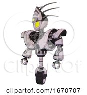 Poster, Art Print Of Automaton Containing Grey Alien Style Head And Yellow Eyes And Eyeball Creature Crown And Heavy Upper Chest And Heavy Mech Chest And Unicycle Wheel Sketch Pad Standing Looking Right Restful Pose