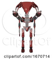 Poster, Art Print Of Mech Containing Flat Elongated Skull Head And Light Chest Exoshielding And Minigun Back Assembly And No Chest Plating And Ultralight Foot Exosuit Light Brick Red Front View