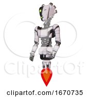 Poster, Art Print Of Cyborg Containing Humanoid Face Mask And Two-Face Black White Mask And Light Chest Exoshielding And Ultralight Chest Exosuit And Jet Propulsion White Halftone Toon Facing Right View