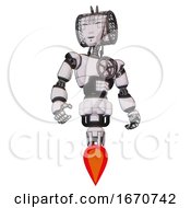Poster, Art Print Of Bot Containing Humanoid Face Mask And Spiral Design And Light Chest Exoshielding And Chest Valve Crank And Jet Propulsion White Halftone Toon Hero Pose