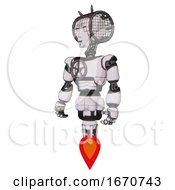 Poster, Art Print Of Bot Containing Humanoid Face Mask And Spiral Design And Light Chest Exoshielding And Chest Valve Crank And Jet Propulsion White Halftone Toon Standing Looking Right Restful Pose