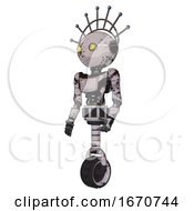Poster, Art Print Of Automaton Containing Oval Wide Head And Yellow Eyes And Techno Halo Ornament And Light Chest Exoshielding And Ultralight Chest Exosuit And Unicycle Wheel Grunge Sketch Dots Facing Right View