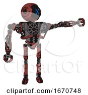 Poster, Art Print Of Robot Containing Digital Display Head And X Face And Heavy Upper Chest And No Chest Plating And Ultralight Foot Exosuit Grunge Matted Orange Pointing Left Or Pushing A Button