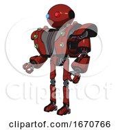 Poster, Art Print Of Droid Containing Oval Wide Head And Giant Blue And Red Led Eyes And Heavy Upper Chest And Heavy Mech Chest And Green Cable Sockets Array And Ultralight Foot Exosuit Cherry Tomato Red
