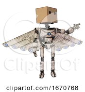 Poster, Art Print Of Bot Containing Dual Retro Camera Head And Cardboard Box Head And Light Chest Exoshielding And Blue Energy Core And Cherub Wings Design And Ultralight Foot Exosuit Halftone Sketch