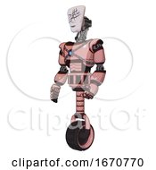 Poster, Art Print Of Cyborg Containing Humanoid Face Mask And Slashes War Paint And Light Chest Exoshielding And Blue Energy Core And Unicycle Wheel Toon Pink Tint Facing Right View