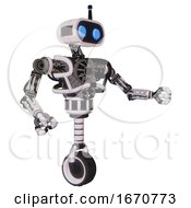 Poster, Art Print Of Robot Containing Dual Retro Camera Head And Cute Retro Robo Head And Bug Eyes And Heavy Upper Chest And No Chest Plating And Unicycle Wheel White Halftone Toon Interacting