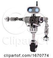 Poster, Art Print Of Robot Containing Dual Retro Camera Head And Cute Retro Robo Head And Bug Eyes And Heavy Upper Chest And No Chest Plating And Unicycle Wheel White Halftone Toon Arm Out Holding Invisible Object
