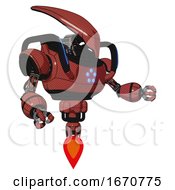 Poster, Art Print Of Mech Containing Flat Elongated Skull Head And Heavy Upper Chest And Circle Of Blue Leds And Blue Strip Lights And Jet Propulsion Light Brick Red Interacting