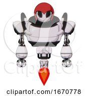 Poster, Art Print Of Automaton Containing Grey Alien Style Head And Black Eyes And Red Helmet And Heavy Upper Chest And Jet Propulsion White Halftone Toon Front View