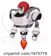 Poster, Art Print Of Automaton Containing Grey Alien Style Head And Black Eyes And Red Helmet And Heavy Upper Chest And Jet Propulsion White Halftone Toon Standing Looking Right Restful Pose