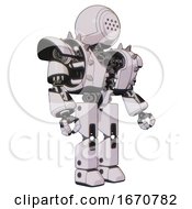 Poster, Art Print Of Bot Containing Dots Array Face And Heavy Upper Chest And Heavy Mech Chest And Shoulder Spikes And Prototype Exoplate Legs White Halftone Toon Facing Left View