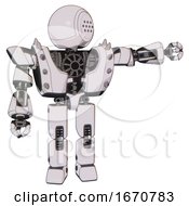 Poster, Art Print Of Bot Containing Dots Array Face And Heavy Upper Chest And Heavy Mech Chest And Shoulder Spikes And Prototype Exoplate Legs White Halftone Toon Pointing Left Or Pushing A Button