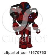 Poster, Art Print Of Android Containing Digital Display Head And Three Horizontal Line Design And Heavy Upper Chest And Triangle Of Blue Leds And Prototype Exoplate Legs Grunge Dots Dark Red Facing Left View
