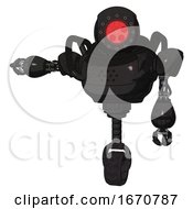 Poster, Art Print Of Droid Containing Round Head And Red Laser Crystal Array And Heavy Upper Chest And Unicycle Wheel Dirty Black Arm Out Holding Invisible Object