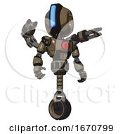 Poster, Art Print Of Android Containing Round Head And Large Vertical Visor And Light Chest Exoshielding And Red Chest Button And Minigun Back Assembly And Unicycle Wheel Desert Tan Painted Hero Pose