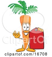Orange Carrot Mascot Cartoon Character Holding A Red Sales Price Tag